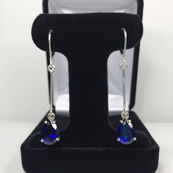 Beautiful 2" 6ctw Sapphire Earrings in Sterling Silver Lab Grown Sapphires - Picture 1 of 8